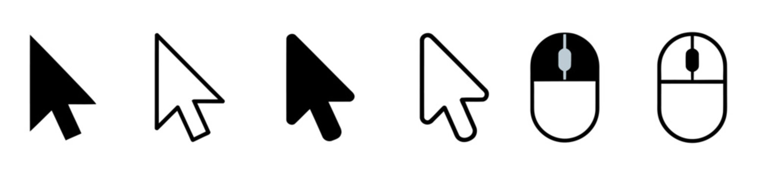 Computer mouse cursor icons vector set including arrow and hand pointer ilustration, modern computer navigation symbols for web design and user interface on transparent background graphic.