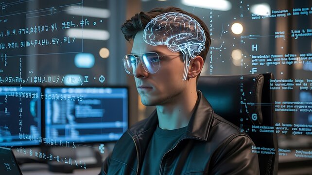 young male hacker with glowing brain interface in front of computer screens