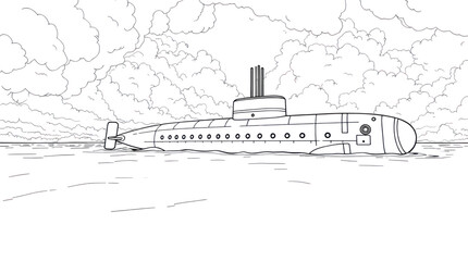 Submarine Military Vessel Sailing on Rough Ocean Under Stormy Cloudy Sky Line Art Illustration © ZeinLens