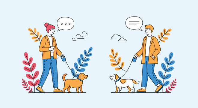 Man and woman walking their dogs in a park while sharing thoughts depicted by speech bubbles in a simple and clean illustrative style.