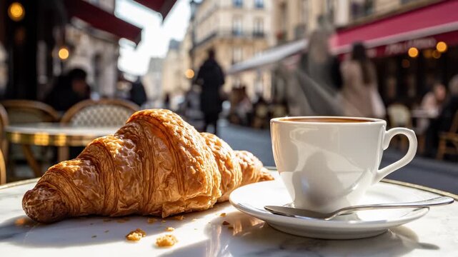 A delicious, golden-brown croissant rests beside a steaming cup of coffee on a marble tabletop, with the blurred bustle of a Parisian street cafe unfolding serenely behind for a quintessential