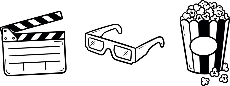 Hand-drawn movie icons set featuring a cinema clapperboard, 3D glasses, and a popcorn bucket, perfect for film, entertainment, and theater design projects.