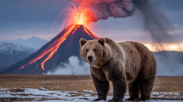 Brown bear standing in a snowy field with erupting volcano in the background