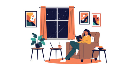 Fototapeta premium Relaxing scene of a person reading a book in a cozy armchair at night by a window with a laptop coffee and plants nearby.