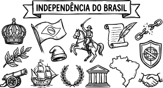 Brazilian Independence Day Historical Symbols Doodle Set. Black  White Hand Drawn Line Art Icons for Brazil National Holiday  Patriotism.
