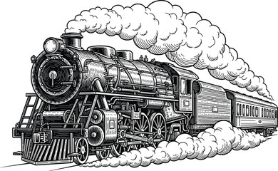 Vintage steam locomotive illustration, passenger train engraving, historic railway outline, retro transport motif, mechanical engine design, travel art © Fenshi