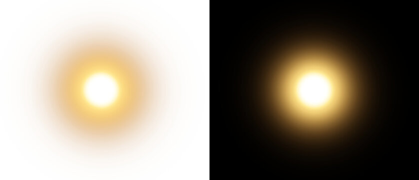 Bright golden sun light effect with warm glowing aura isolated on black background