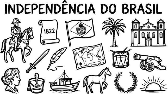 Brazilian Independence Day Symbols Black and White Line Art Doodle Vector. Historical Icons for Brazil's National Holiday, Patriotism, and Education