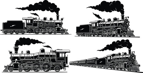Vintage steam locomotive illustration, black and white train artwork, historical railway engine drawing, industrial revolution transport, classic retro mechanical design © Fenshi