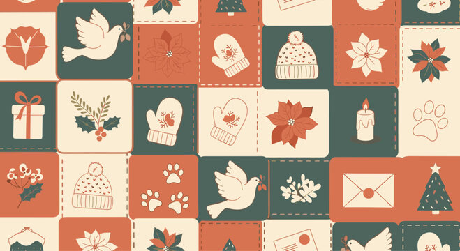 Festive Christmas patchwork pattern with icons of doves, poinsettias, mittens, candles, and gifts in a warm red and green palette.