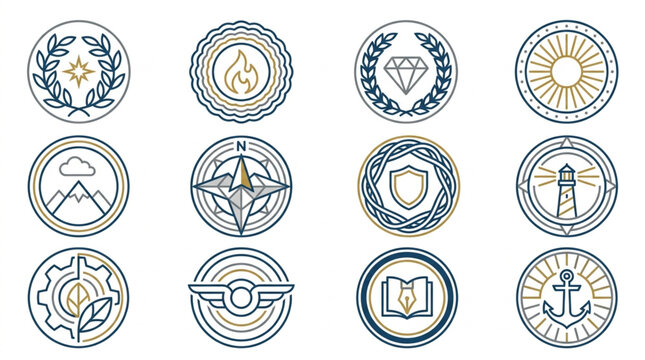 Collection of Circular Emblems and Icons with Various Symbols.