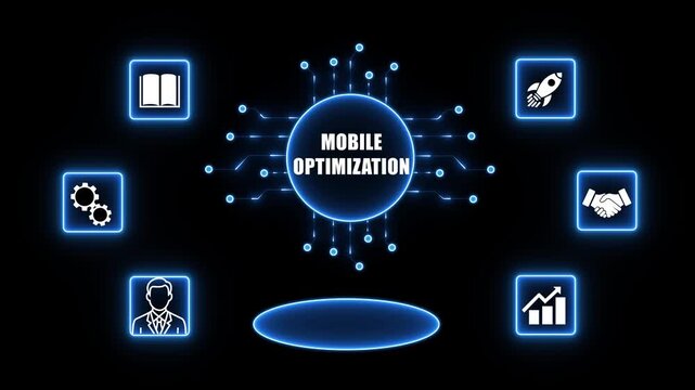 Mobile Optimization Concept with Icons and 4k Glowing Circuit Board on Dark Blue 4k Background technology business.4k animation video..