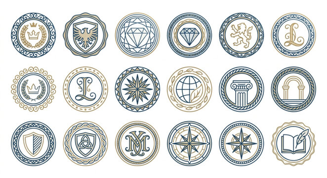 Collection of Vintage Circular Emblems and Crests with Various Symbols.