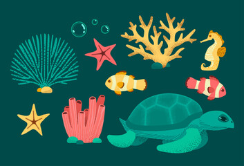 Fototapeta premium Coral reef clipart set with sea turtle, clownfish, seahorse, starfish and coral on teal background. Hand drawn underwater vector illustration.