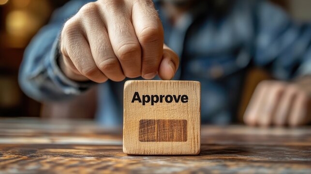 Document approval process concept: Businessman selecting "Approve" on wooden block for document approval, project evaluation, and quality assurance.