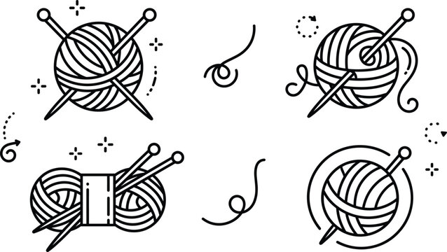 Knitting Yarn Ball and Skein Vector Icon Set with Needles for Handmade Crafting and Textile Hobby Outline