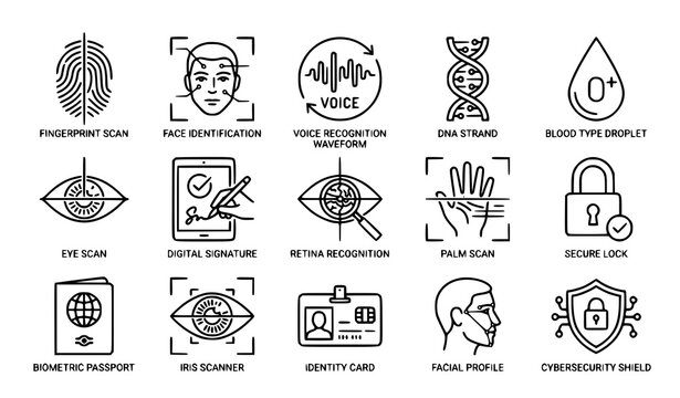 Biometric security line icon set with fingerprint face scan and digital identity symbols vector collection