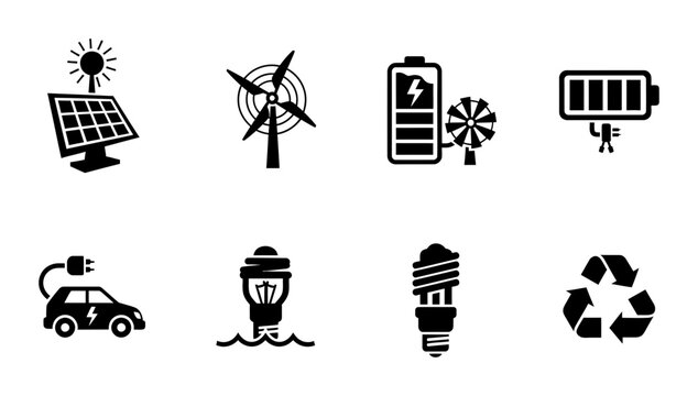 Renewable Energy Icons Set: Solar, Wind, Battery, Electric Car, Lightbulb, Recycling