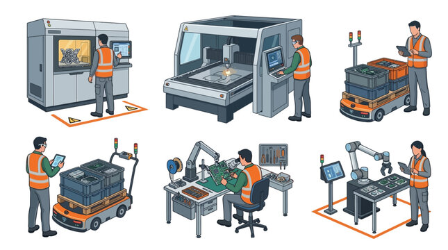 Illustration of advanced smart factory operations with industrial automation, robotics, and human-machine collaboration in modern manufacturing processes