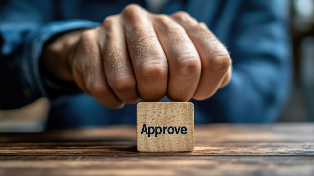 Document approval process concept: Businessman selecting "Approve" on wooden block for document approval, project evaluation, and quality assurance.