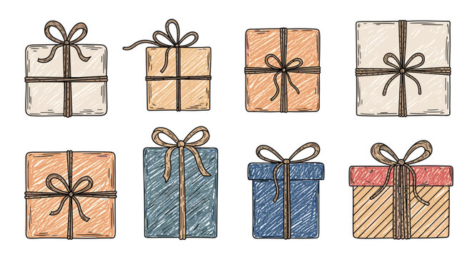 Hand drawn collection of eight assorted gift boxes wrapped with twine and bows in different colors and sizes.