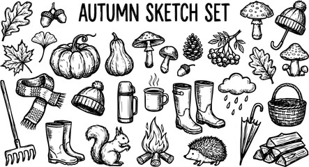 Black  White Autumn Sketch Set. Hand-drawn Line Art Collection of Fall Season Elements: Pumpkin, Leaves, Mushrooms, Scarf, Rake, Boots, and Forest Animals. © pixsource