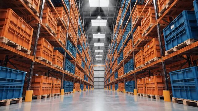 Large warehouse storage facility with stacked plastic crates in aisles