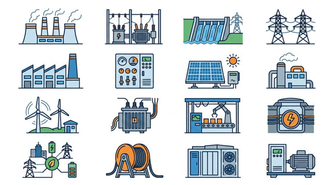 Collection of industrial energy and power generation icons.