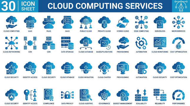Comprehensive collection of 30 cloud computing services icons for digital technology and data management presentations