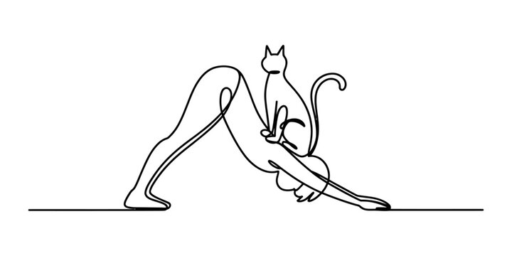 One line drawing of a woman doing yoga downward dog pose with a cat sitting on her back