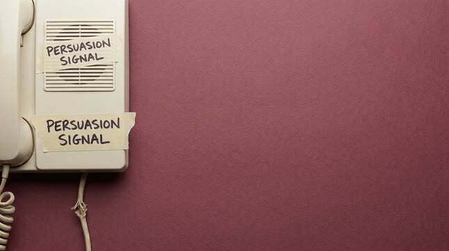 Persuasion signal intercom device on wall with handwritten labels, communication equipment for office or home, vintage style, beige color, textured background
