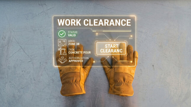 Work clearance concept with engineer gloves on metal surface, showing valid status, zone 3B area, concrete pour task, and approved authorization for safety