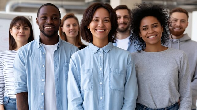 A smiling diverse group of seven young adults posing together in a modern bright office environment.