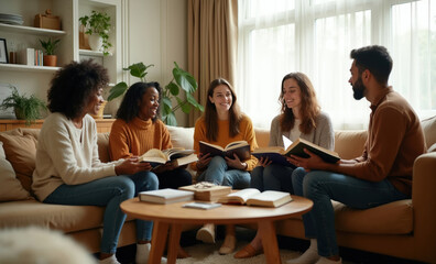 Obraz premium Diverse group friends discuss book in cozy living room. People gather for book club meeting share ideas, learn together. Relaxed conversation, casual attire, home setting.