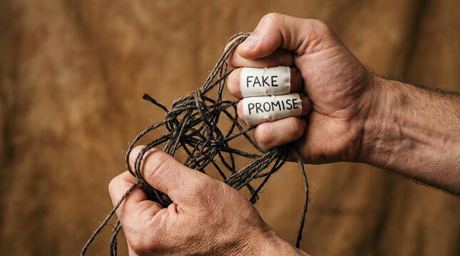 Hands gripping tangled string with bandaged fingers labeled fake promise, symbolizing broken trust and deception in dramatic close up shot
