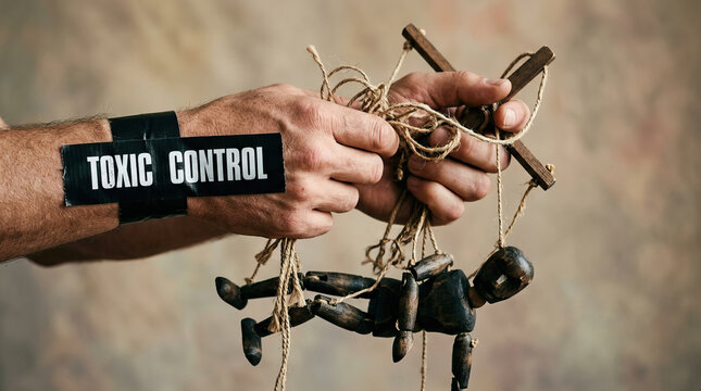 Hands holding broken puppet with strings and label toxic control on wrist symbolizing manipulation and harmful influence in emotional expression