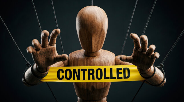 Wooden mannequin controlled by puppet strings with yellow tape labeled controlled, symbolizing manipulation and lack of freedom