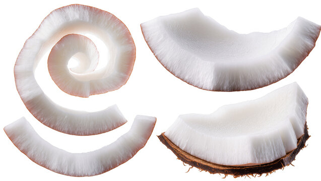 Coconut pieces and spiral shavings with brown husk
