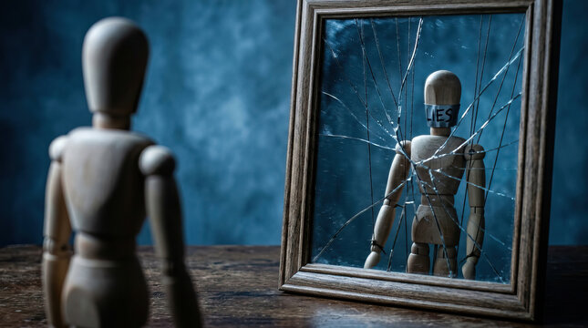 Wooden mannequin looking at cracked mirror with taped mouth labeled lies, concept of self deception and broken truth