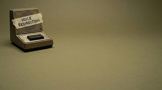 Voice redirection note on retro desktop intercom with brown background, symbolizing communication and message transfer concept in vintage style