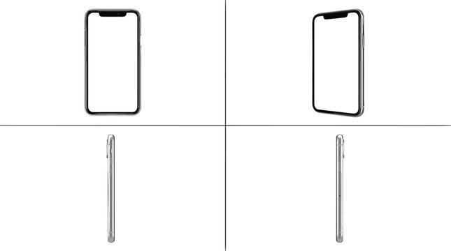 Smartphone design mockup showing front, angled, and side views of a modern mobile device with notch display and slim profile