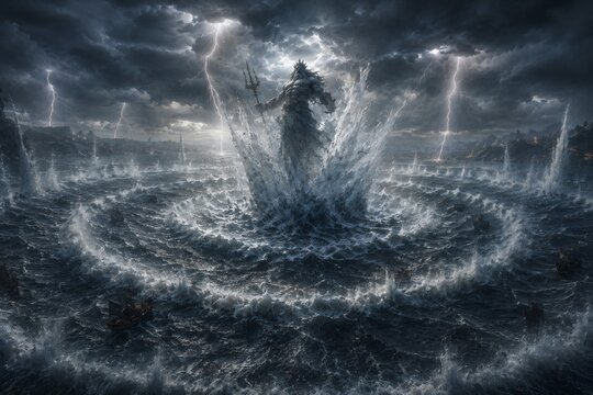 Colossal Poseidon summoning massive ocean waves and lightning storms above ancient ships in dramatic cinematic Greek mythology fantasy environment