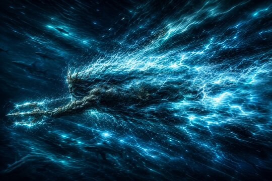 Epic Poseidon racing through glowing ocean currents with electrified trident, cosmic underwater energy and cinematic Greek mythology fantasy atmosphere