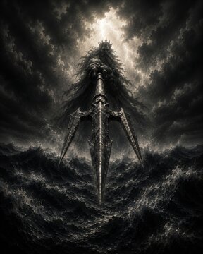 Dark Poseidon aiming massive trident toward viewer above violent ocean waves with storm clouds and dramatic cinematic Greek mythology fantasy atmosphere