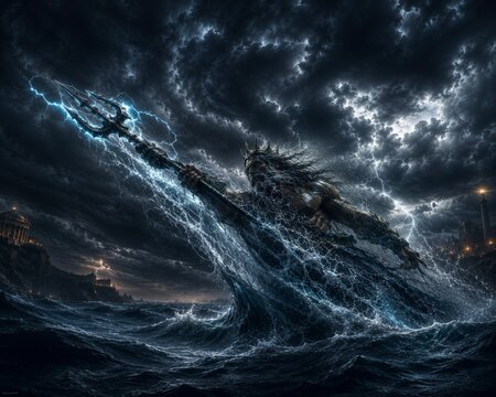 Powerful Poseidon charging through violent ocean waves with electrified trident, storm clouds and cinematic lightning in dramatic Greek mythology fantasy scenery