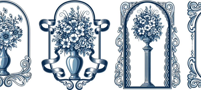 Set of intricate vintage floral frames and ornate decorative borders featuring classical vases with flower bouquets in blue engraving style.