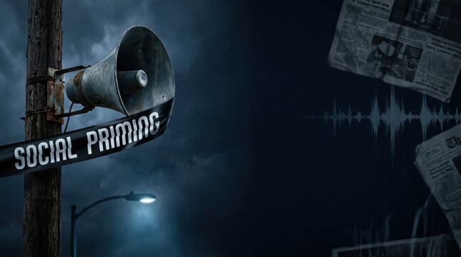 Social priming concept with vintage loudspeaker on wooden pole at night and sound wave with newspaper background