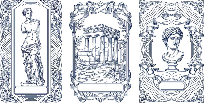 Set of three ornate classical frames featuring ancient Greek statues, temple ruins, and intricate Victorian decorative borders for vintage design projects.