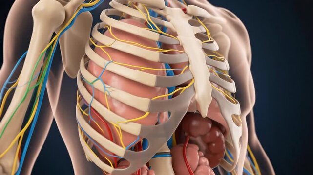 3D medical illustration of human torso showing lungs, ribs, and nervous system. Suitable for medical education, healthcare, science, and research.