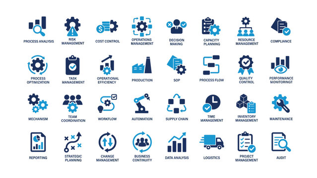 Business management and operations icons set for process analysis and optimization